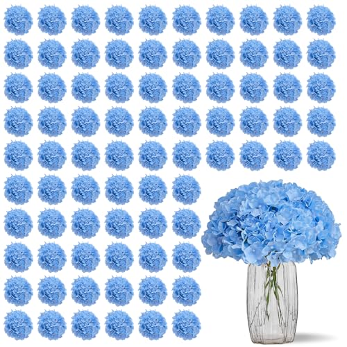 KISLOHUM 100 PCS Blue Hydrangea Artificial Flowers, Silk Full Flowers Heads with Stems for Wedding Centerpieces, Home, Garden, Baby Shower, Party Decoration