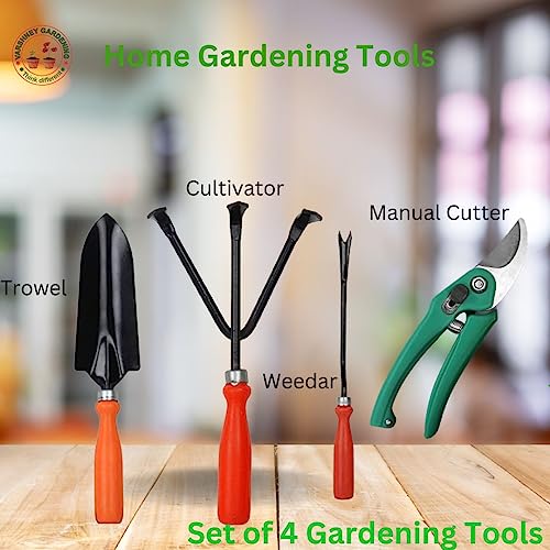 Varshney Gardening Hand Tools Set - 4 Pcs Gardening Tools for Home Gardening | Durable Plant Kit | Farming Tools (Weeder, Trowel, Cultivator,Flower Cutter Manual)