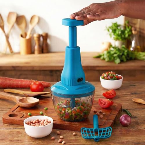 Image of Chopper for Kitchen Use | 650 ml Round Push Chopper with 3 Blades and Whisker | Chopping Vegetables & Fruits, Onion, Ginger, Garlic, Salad, Tomato, Potato (Blue)