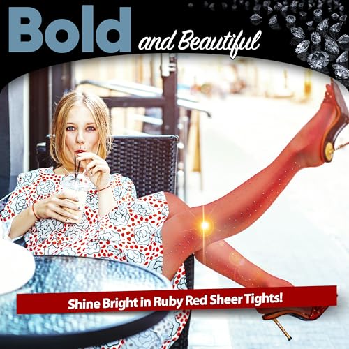 Ruby Red Sheer Tights: High-Waisted Pantyhose with Sparkling Rhinestones - Colorful Translucent Nylon Tights for Women (S/M size) One Pair4