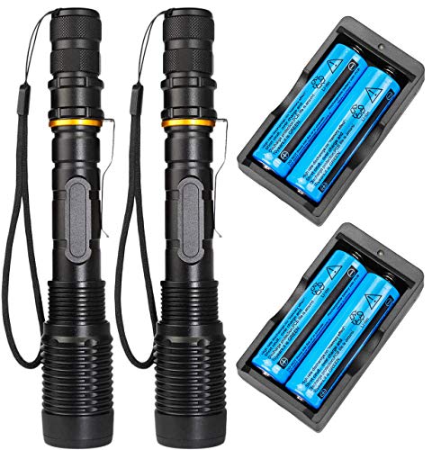 2 Pack Super Bright T6 Led Flashlights High Lumens Rechargeable 5 Modes Waterproof Zoomable Tactical Flashlight Torch with Battery and Chargers