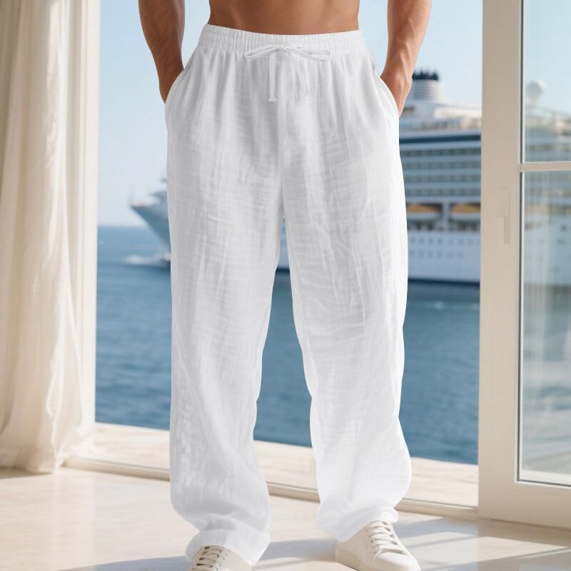 Mens Linen Pants Loose Fit Elastic Waist Drawstring Casual Summer Beach Baggy Trousers with Pockets2