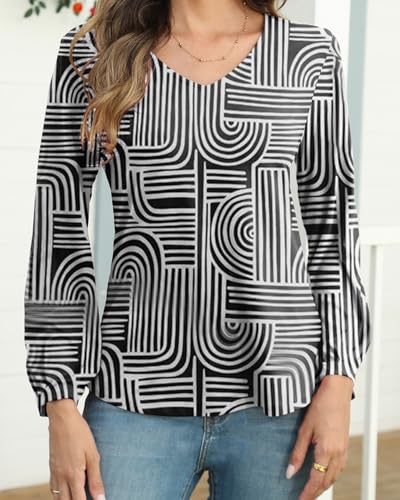 Womens Dressy Tops V Neck Floral Long Sleeve Shirts Loose Puff Sleeve Work Blouses Casual Fall Stylish Clothes3