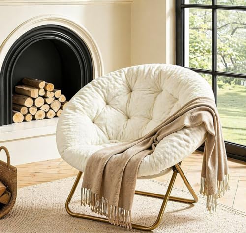 Simple Deluxe Saucer Chair Round Foldable Reading Chairs X-Large Size Cozy Papasan Chair Comfy Furry Padded Moon Chair Round Dorm Chairs for Bedroom Living Room White
