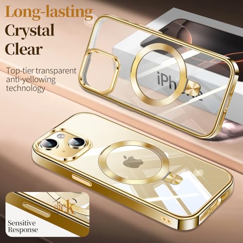 Image of ESTPEAK Titanium Gold CD Mag-Stand Case for iPhone 15 Case with Invisible Magnetic Ring, [Fit for MagSafe] [Never Yellowing] Top Clear Phone Case Cover for iPhone 15 6.1 inch Men Women