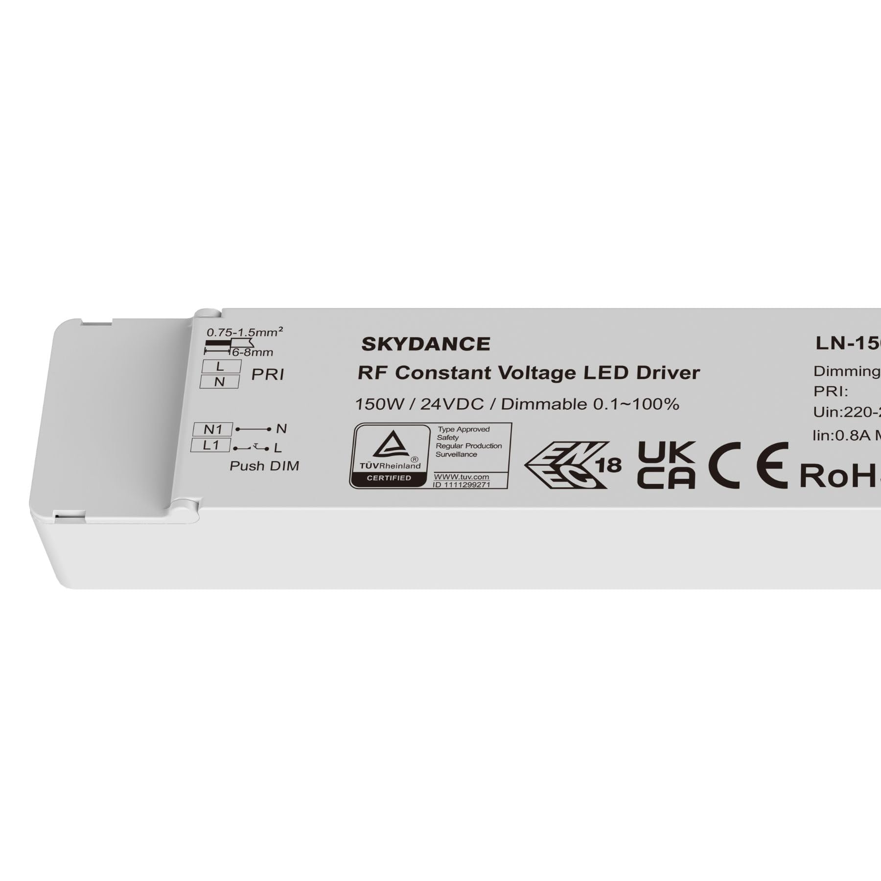 Fuente de alimentación LED 24 V regulable Push 150 W, transformador de tensión constante, ajustable con AC Push/botón y RF 2.4G, compatible con mando a distancia Skydance, regulador 0,1-100%, LN-150