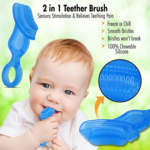 Image of First Teeth Oral Care Kit by Brilliant Oral Care- Set has Baby's 1st Teether-Brush, Brilliant Baby Toothbrush and 2oz Spry Xylitol Tooth Gel, Infants Age 4 Months Old and Up, Baby Must Haves, Blue