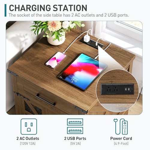 RALGEND Walnut Farmhouse End Table with Charging Station, 24" Large Sofa Side Table with Drawer, Large End Table for Living Room, Wooden Nightstand with Outlet, Square, Walnut - Thumbnail 4