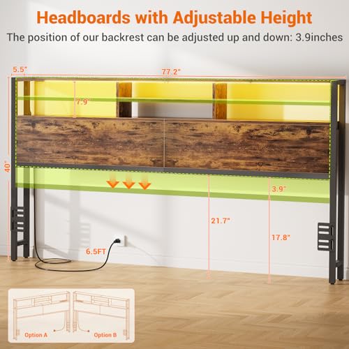 Image of Aheaplus Headboard for King Size Bed with Storage, Headboards with Outlets | King Size Head Board Only, USB Ports and LED Light, Height Adjustable, Reversible, Sturdy and Stable Headboard, Rustic Brown