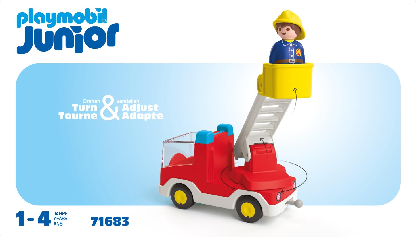 Playmobil Junior 71683 Autoscala Pompieri, con scala estensibile e pompiere, giocattolo sostenibile realizzato in plastica a base vegetale, giocattolo per bambini dai 12 mesi in su