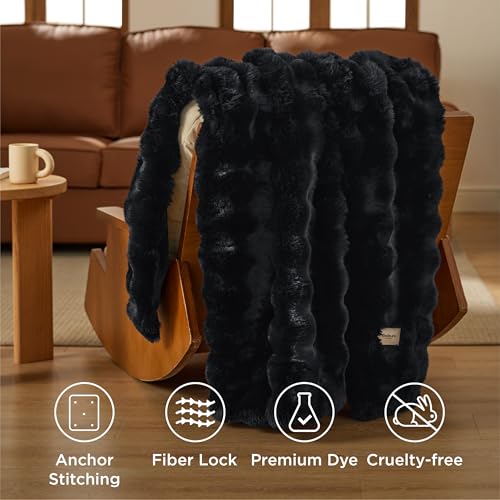 Bedsure GentleSoft Fluffy Faux Fur Throw Blanket for Couch, Soft Fuzzy Bubble Blanket Home Decor Gifts for Bedroom Living Room, Thick Warm Furry Cozy Gifts for Women, Black, 50x60 Inch