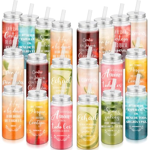 LemonRoad 20 Pack Christian Gift Religious Cups Bulk 13.5 oz Bible Verse Plastic DIY Mason Jar Cups with Straw Lid Reusable for DIY Craft Church Coworker Employee Gift Decoration(Spanish)