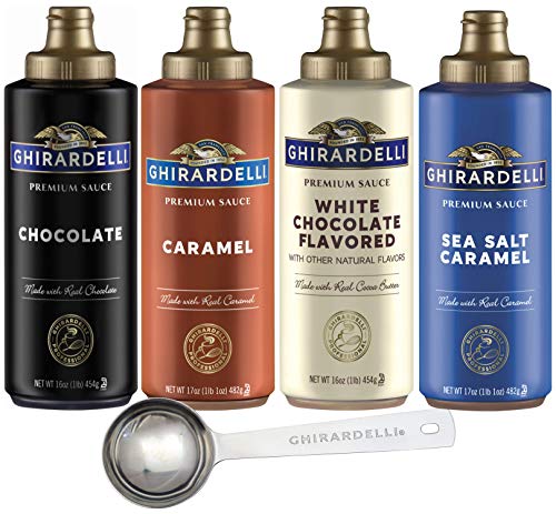 Ghirardelli - Caramel, Chocolate, White Chocolate and Sea Salt Caramel Flavored Sauce (Set of 4) - with Limited Edition Measuring Spoon