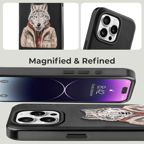 Image of PULOKA - Mobile Cover Compatible for iPhone 15 Pro Max - Wolf Embroidery - Sleek & Stylish - Protective & Anti Scratch Phone Cover Vegan Leather Back Case - Men & Women - Black