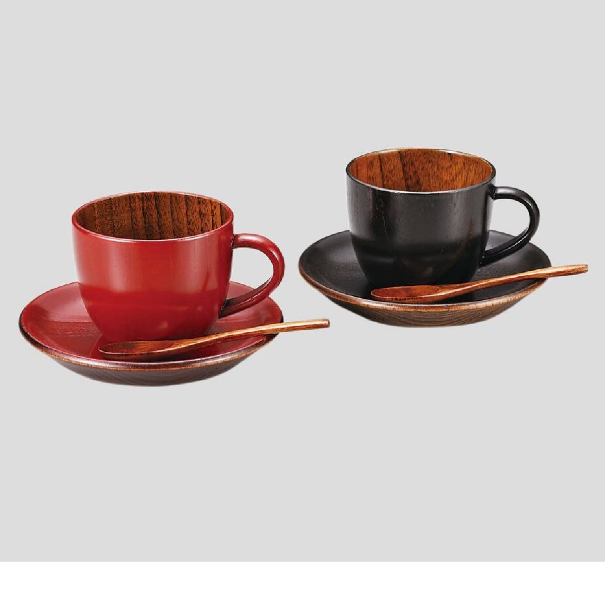 Amazon | 木製漆器 コーヒーカップペア 丸 古代朱・黒 （皿・スプーン 