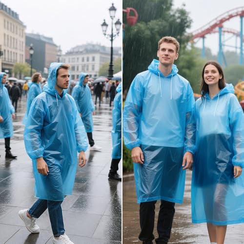 TIECHI 6PCS Regenponcho Einweg, Wasserdicht Regenmantel für Damen und Herren, Durchsichtige Regencape mit Kapuze und Ärmeln für Festivals, Angeln, Themenparks, Camping