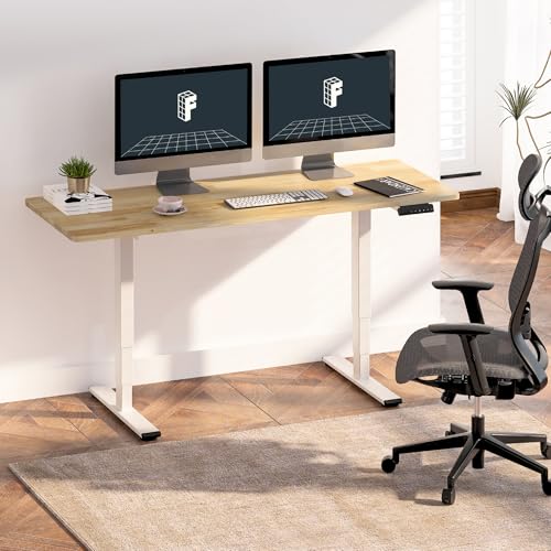 Image of FlexiSpot E6 Solid Wood 3-Stage Dual Motor 55 x 24 Electric Standing Desk, Holds 220 lbs, Adjustable Height w / Memory Presets, Butcher Block Rubberwood Desktop & White Frame, Ships in 2 Boxes