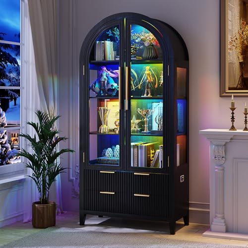 Image of LVSOMT 71 inch Arched Display Cabinet with Glass Doors and RGB Lights, Black