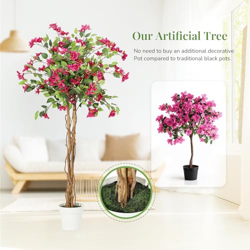 GarveeHome 6FT Artificial Bougainvillea Tree, Tall Potted Fake Tree Indoor, Faux Tree with Wood Trunk and Pink Flowers for Outdoor