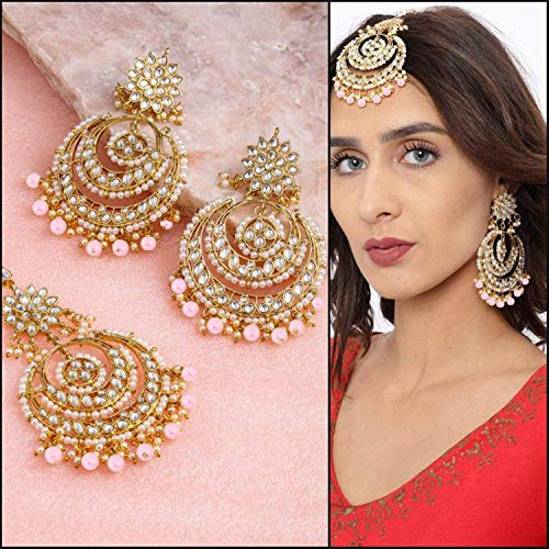 Image of Peora Traditional Jewellery Rhodium Kundan & Pearl Maang Tikka Earring Set for Women Girls