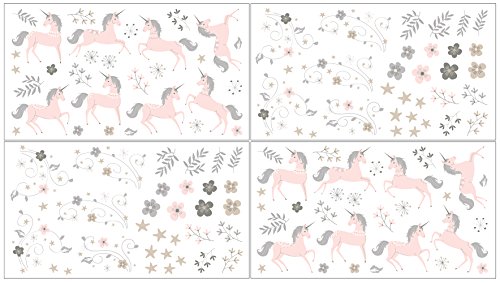 Sweet JoJo Designs Pink, Grey and Gold Peel and Stick Wall Decal Stickers Art Nursery Decor for Unicorn Collection - Set of 4 Sheets