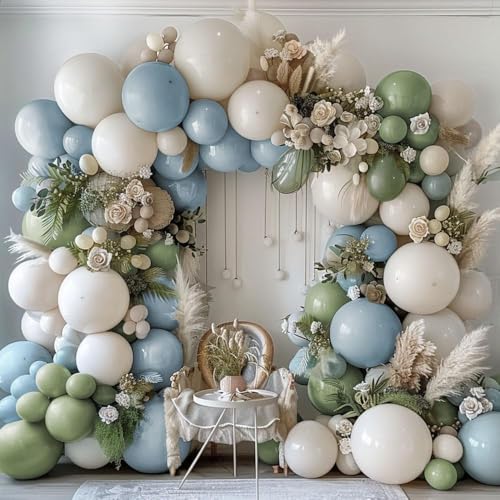Image of Dusty Blue Green Balloon Garland Arch Kit Double Stuffed Avocado Green Balloons Thick Latex White Sand Pastel Blue Balloons Kit For Jungle Safari Neutral Birthday Baby Shower Party Deocrations