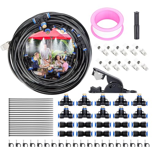 AGPTEK Kit de riego sistema de nebulización 10m con 10 boquillas de niebla con junta en T, sistema de refrigeración exterior por niebla, nebulizador para terraza, jardín, trampolín