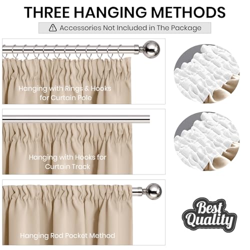 Aspire Homeware Pencil Pleat Blackout Curtains for Bedroom - Cream Curtains 90x90 Inch Drop - Thermal Insulated Soft Living Room Window Curtain with Matching Tiebacks, 2 Panels - Image 3