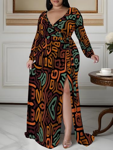 Image of PinkPatty Women's Plus Size Long Sleeve Maxi Dress Casual V Neck Slit Tie Waist Wrap Dresses for Party Cocktail