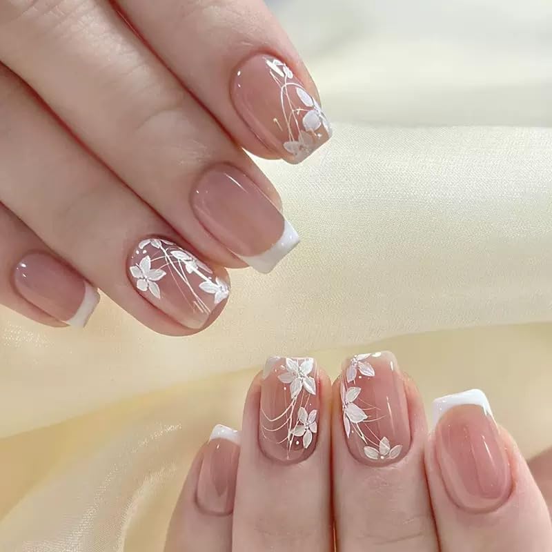 Nude French Tip Floral Press-On Nails – Glossy Square Reusable Artificial Nails Set-image-23