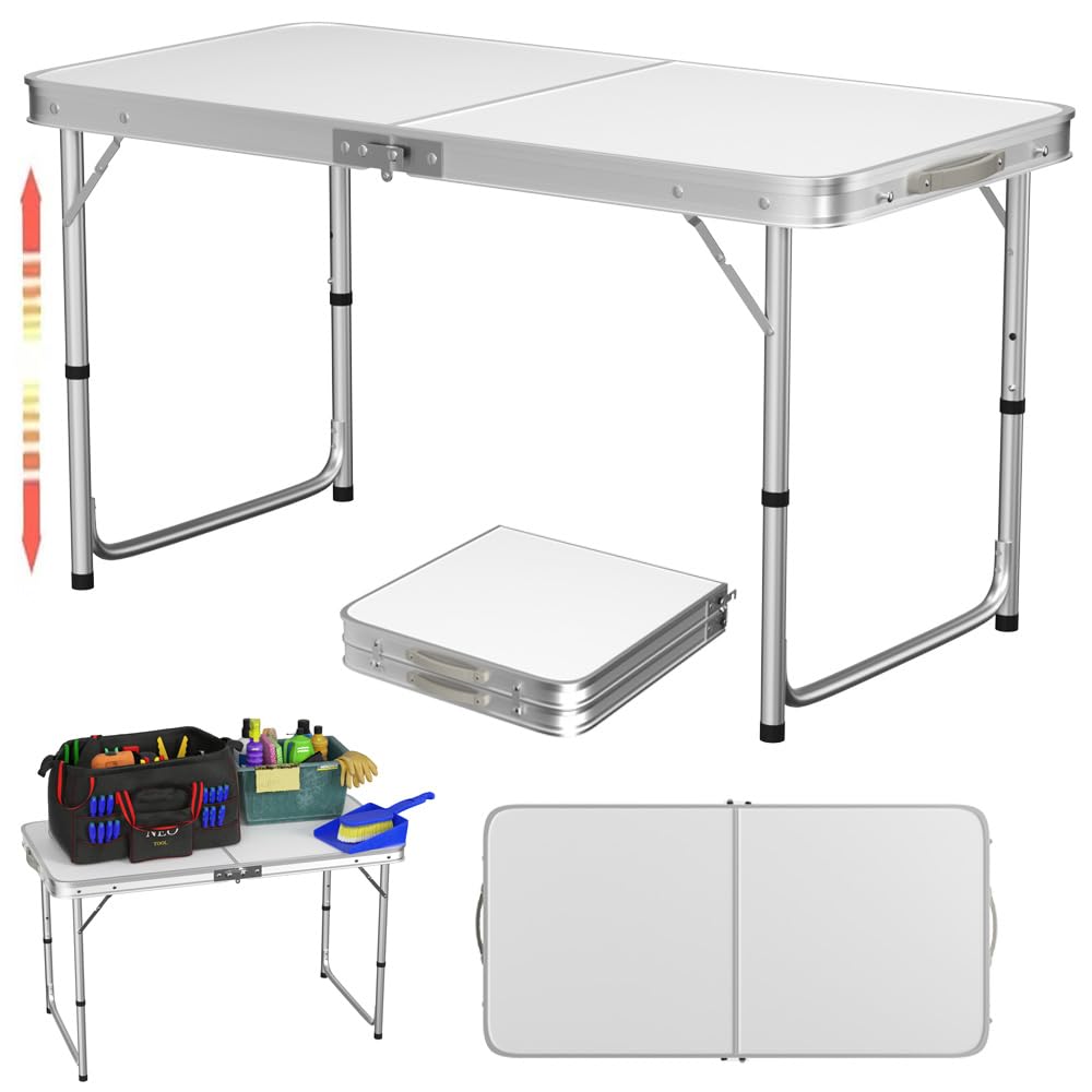 4ft Folding Camping Table Trestle Table with Adjustable Height(120x60x70/62/55cm), Portable Foldable Picnic Tables for Outdoor Indoor Catering Garden Party Buffet, with Carrying Handle, Easy to Clean
