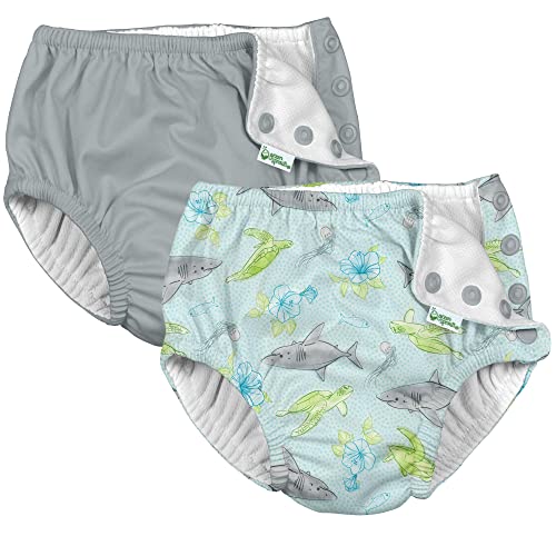i Play (2 Pack) Boys Reusable Absorbent Baby Swim Diapers - Swimming Suit Bottom | No Other Diaper Necessary Light Aqua Shark Sealife and Grey 6 Months