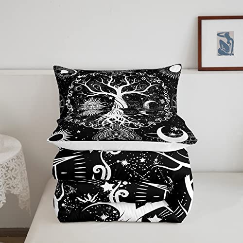 Tree Of Life Queen Comforter Set Hippie Gothic Moth Bedding Comforters & Sets, Sun And Moon Comforter Psychedelic Galaxy Trippy Stars Quilted Comforter, Black And White Bedroom Decor Microfiber Cozy #TOP3