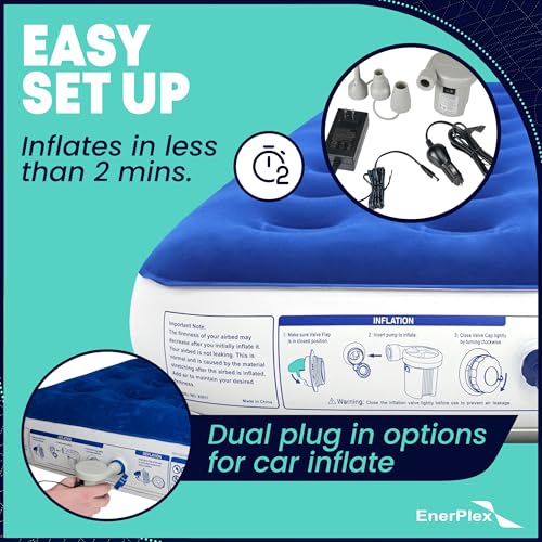 Image of EnerPlex Camping Air Mattress with Built in Pump - Queen Blow Up Mattress for Travel & Guests - Portable Bed for Adults and Kids - Blue