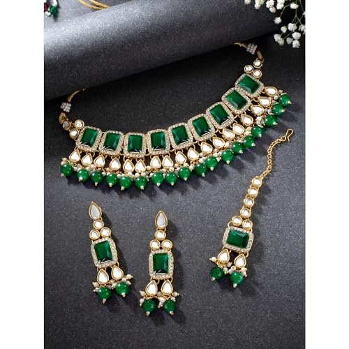 Image of Peora Crystal Faux Pearl Kundan Necklace & Jewellery Set Gift for Women