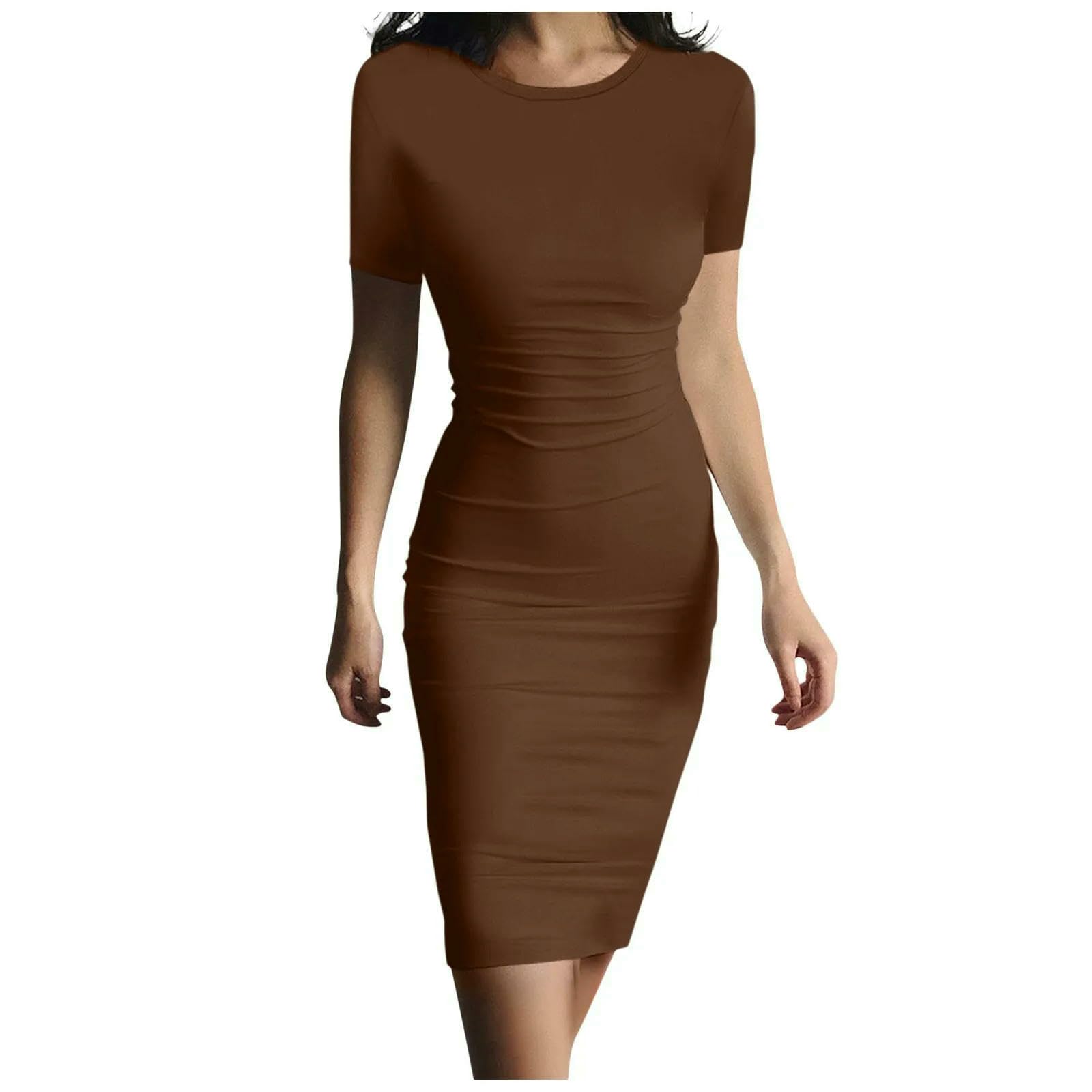 Abito Donna Longuette Elasticizzato da A Maniche Corte, vestibilità Slim, Casual, Elegante, Estivo-Vino-l