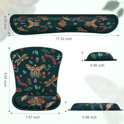 iCasso Ergonomic Mouse Pad with Wrist Rest, Keyboard Wrist Rest Mouse Wrist Rest, Made of Memory Foam, Easy Typing and Relieve Wrist Pain for Computer Keyboard Office(Green Butterfly)