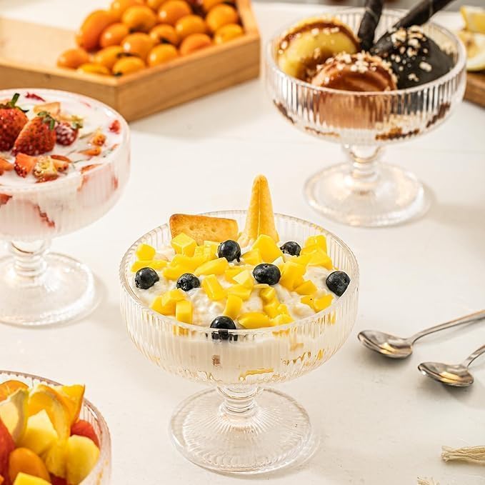 Image of PrimeWorld 260ml Ice Cream Glass Cups - Set of 6 | Dessert, Milkshake, Fruit & Pudding Serving Bowls | Elegant Glass Dishes for Home, Restaurants & Parties | Dishwasher Safe