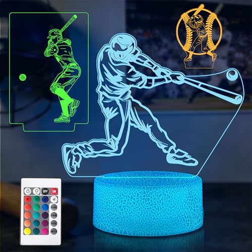 ToohanFex Baseball Gifts for Boys 8-12 3 Patterns LED 3D Illusion Lamp 16 Colors with Remote Control Baseball Room Decor Birthday Stocking Stuffers for Teens Boys Girls
