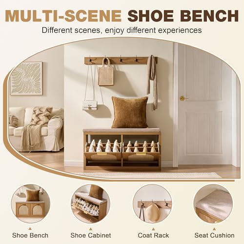 Rattan-Narrow-Entryway-Bench-with-Shoe-Storage-2-Flip-Drawers-Coat-Rack-Mid-Century-Modern-Wood-Shoe-Cabinet-with-Seat-Cushion-for-FoyerHallway-Rustic-Oak-Rattan