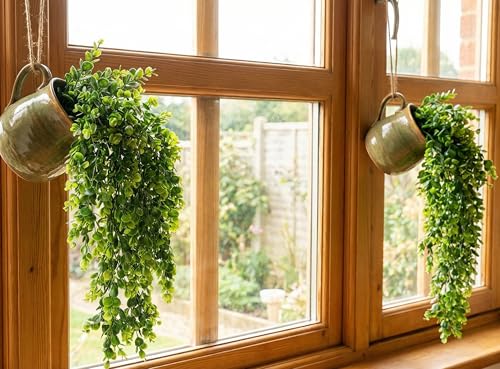 Image of Dekorly 2 Pack Artificial Plants Artificial Hanging Plants Faux Eucalyptus Leaf Greenery Fake Hanging Eucalyptus Plant (Green) (2, Green)