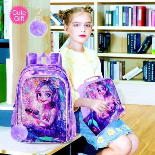Image of CCJPX 3Pcs Mermaid Backpack for Girls, 16 inch Kids Sequin Bookbag with Lunch Box, Cute Water Resistant Schoolbag for Preschool Kindergarten Toddler(Purple)