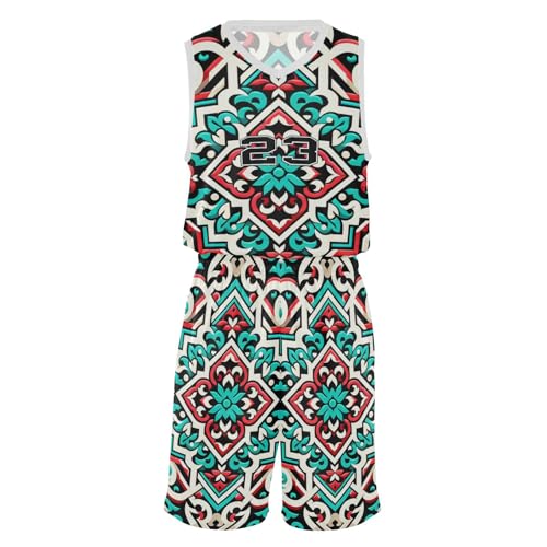 FLildon Ethnic Mexican Floral Boys Basketball Jersey Set Tank Top Shorts Tracksuit Sport Training Suit for Kids, L