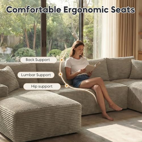 Image of 125 Inch Modular Sectional Sofa, Cloud Couch Oversized U Shaped Corduroy Sofa with Storage & Cupholders, Modern Deep Seat Boneless Couches for Living Room, No Assembly Required, Camel
