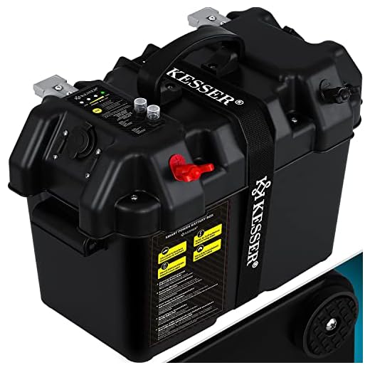 KESSER® Batteriebox für Bootsmotor Elektromotor Schlauchboot Aussenboarder Wohnmobil, Batteriekasten Boote USB und 12V Anschluss Akku Zigarettenanzünder LED-Anzeige, Schwarz