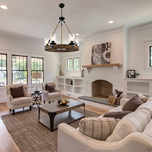 Rustic-6-Light-Wagon-Wheel-Chandelier-Round-Wood-Pendant-Light-with-Seeded-Glass-Shade-Farmhouse-Chandeliers-for-Dining-Room-Kitchen-Island-Foyer-Entryway Rustic 6 Light Wagon Wheel Chandelier Round Wood Pendant Light with Seeded Glass Shade Farmhouse Chandeliers for Dining Room Kitchen Island Foyer Entryway