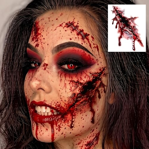 Image of 17 Sheets Scary Bloody Scar Tattoos Halloween Temporary Tattoos Face Stitch Wound Sticker, Realistic 3D Horrible Bite Scratch Fake Tattoos For Halloween Costume Vampire Zombie Makeup Party Accessories