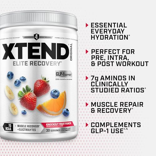Image of Xtend Original BCAA Powder, 7g BCAAs and 2.5g L-Glutamine for Muscle Recovery Hydration and Lean Muscle, Sugar Free Intra and Post Workout Drink with Electrolytes, Knockout Fruit Punch, 30 Servings