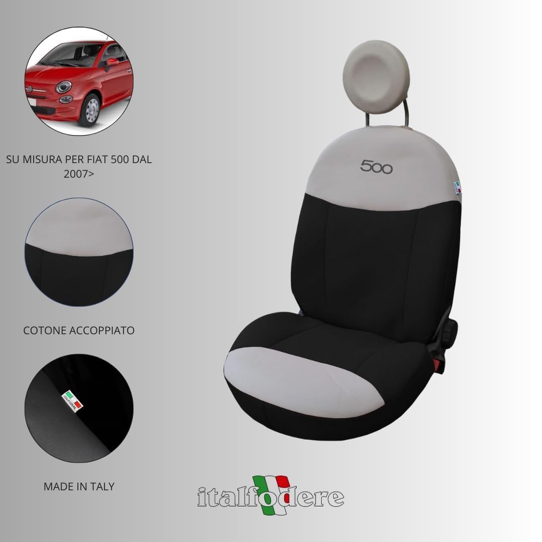 Italfodere - Coppia di Coprisedili Auto anteriori - Compatibili con Fiat 500 dal 2007 in poi - Fatti a Mano - Cotone - Gommapiuma e Poliestere - Accessori Auto Interno - Made in Italy - Nero/Panna