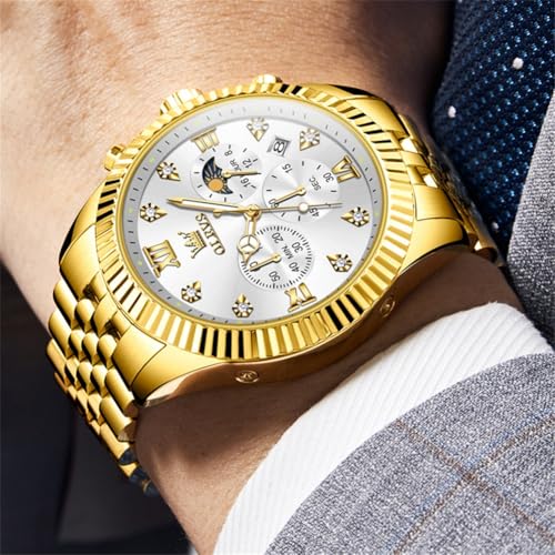 Image of OLEVS Watch for Men Analog Quartz Stainless Steel Moon Phase Calendar Chronograph Diamond Watches Waterproof Wrist Watch Luminous
